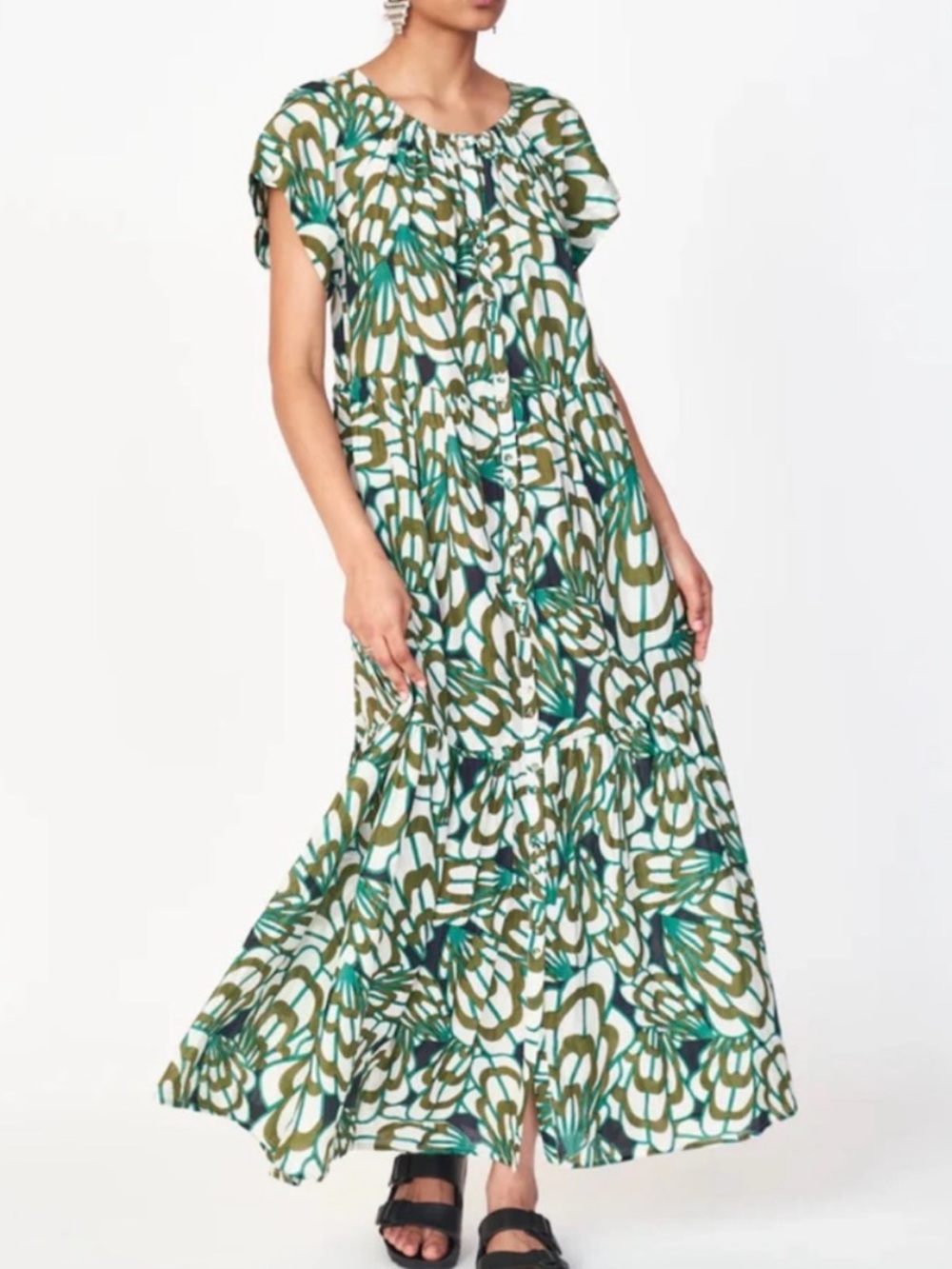 MIRTH Vienna Tiered Maxi Dress XS Blue and Green Moss Shell EUC